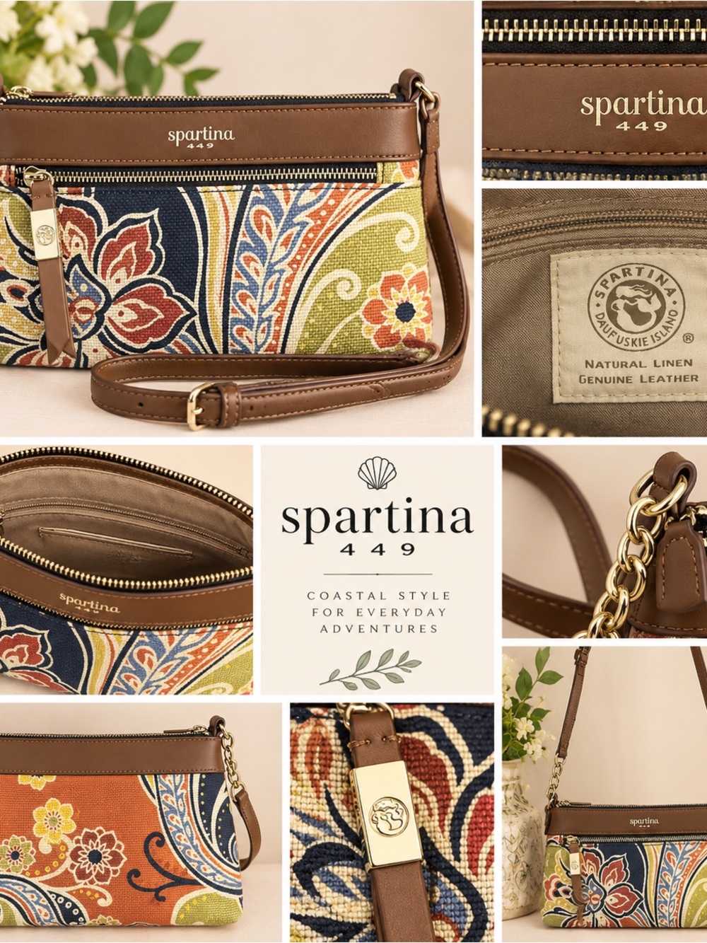 Spartina 449 Floral Paisley Crossbody Genuine Leather & Linen Adjustable Strap